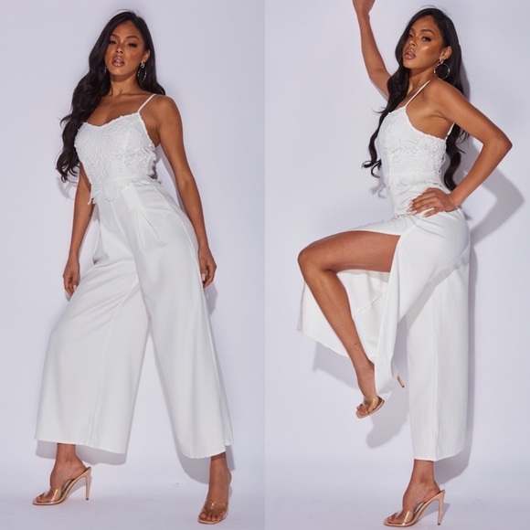 Pants - White Lace Sleeveless V-Neck Side Slit Wide Leg Jumpsuit Playsuit
